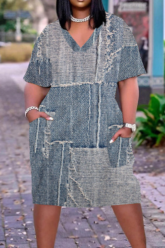 Grey Casual Print Patchwork V Neck Short Sleeve Dress Plus Size Dresses