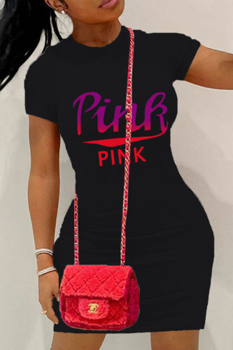 Black Casual Street Print Patchwork O Neck Pencil Skirt Dresses
