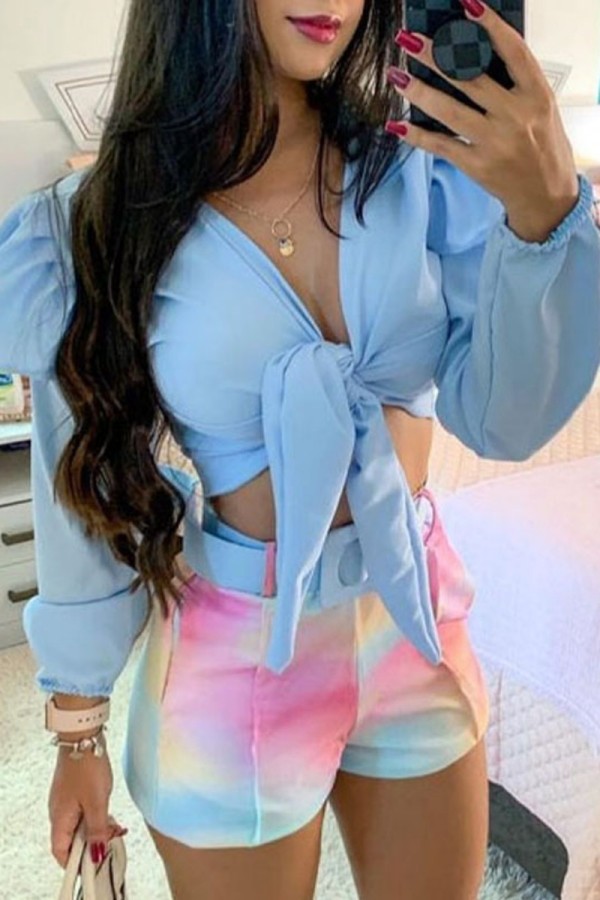 Colour Sexy Casual Print Bandage V Neck Long Sleeve Two Pieces