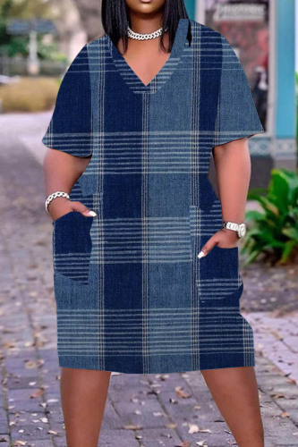 Tibetan Blue Casual Print Patchwork V Neck Short Sleeve Dress Plus Size Dresses