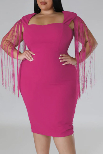 Rose Red Sexy Solid Tassel Patchwork Square Collar Plus Size Dresses(Subject to the Actual Object)