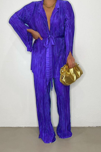 Purple Casual Solid Bandage Patchwork Fold Turndown Collar Long Sleeve Two Pieces