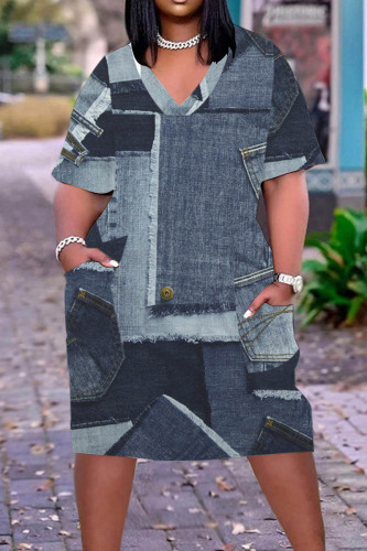 Dark Gray Casual Print Patchwork V Neck Short Sleeve Dress Plus Size Dresses