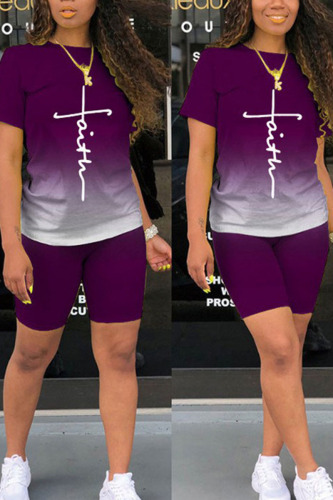 Purple Casual Gradual Change Print Patchwork O Neck Short Sleeve Two Pieces