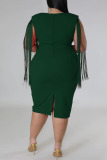 Green Sexy Solid Tassel Patchwork Square Collar Plus Size Dresses(Subject to the Actual Object)