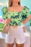 Green Casual Print Bandage Square Collar Half Sleeve Two Pieces