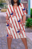 Red Blue Casual Flag Stars Print V Neck Short Sleeve Plus Size African Style Loose Straight Midi Dress
