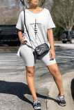 Light Gray Casual Print Slit V Neck Short Sleeve Two Pieces