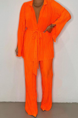 Orange Casual Solid Bandage Patchwork Fold Turndown Collar Long Sleeve Two Pieces