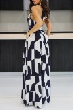 Black White Sexy Casual Print Bandage Backless Halter Regular Jumpsuits