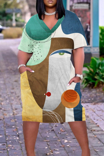 Brown Casual Print Patchwork Basic V Neck Short Sleeve Dress Plus Size Dresses