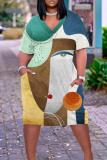Multicolor Casual Print Patchwork Basic V Neck Short Sleeve Dress Plus Size Dresses