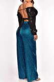 Blue Casual Solid Patchwork Regular High Waist Conventional Solid Color Trousers