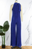 Blue Casual Solid Patchwork Fold Ribbon Collar Straight Jumpsuits