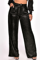 Black Casual Solid Patchwork Regular High Waist Conventional Solid Color Trousers