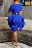 Blue Casual Solid Patchwork O Neck Short Sleeve Dress (Without Belt)