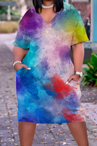Colour Casual Print Tie Dye Patchwork V Neck Short Sleeve Dress Plus Size Dresses