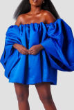 Blue Sexy Solid Patchwork Off the Shoulder Lantern Skirt Dresses(Subject to the Actual Object)