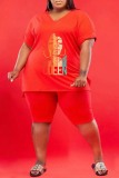 Red Casual Print Slit V Neck Plus Size Two Pieces