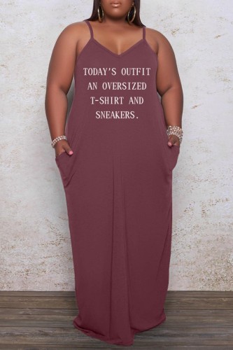 Brown Sexy Casual Letter Print Solid Backless Spaghetti Strap Long Dress Plus Size Dresses