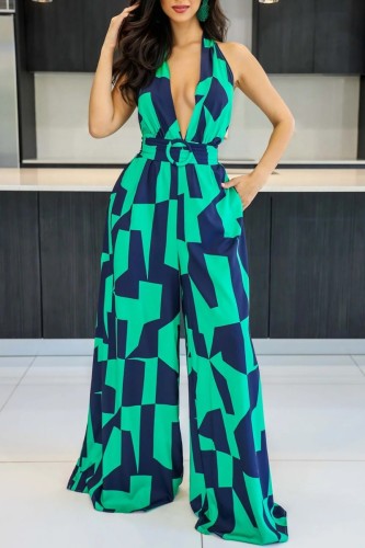 Green Sexy Casual Print Bandage Backless Halter Regular Jumpsuits