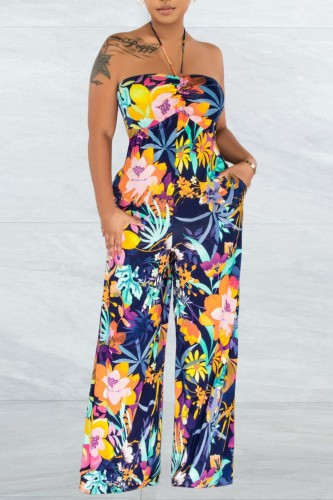 Multicolor Sexy Casual Print Bandage Backless Strapless Regular Jumpsuits
