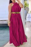 Rose Purple Casual Solid Pleated O Neck Long Dress (Without Belt)
