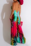 Multicolor Sexy Casual Print Backless Halter Regular Jumpsuits