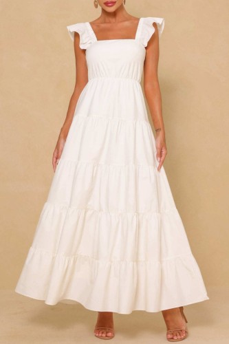 White Sexy Solid Backless Square Collar Long Dress Dresses