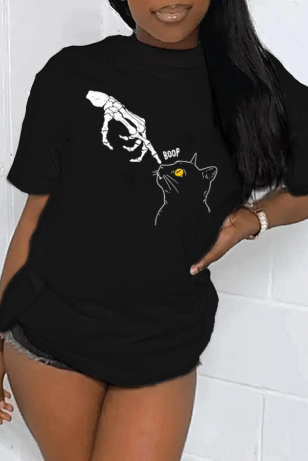 Black Street Cute Skull Patchwork O Neck T-Shirts