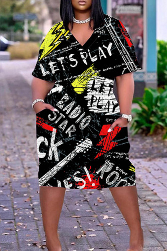 Black Casual Print Patchwork Basic V Neck Short Sleeve Dress Plus Size Dresses