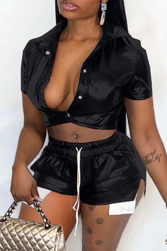 Black Sexy Casual Solid Patchwork Turndown Collar Short Sleeve Two Pieces