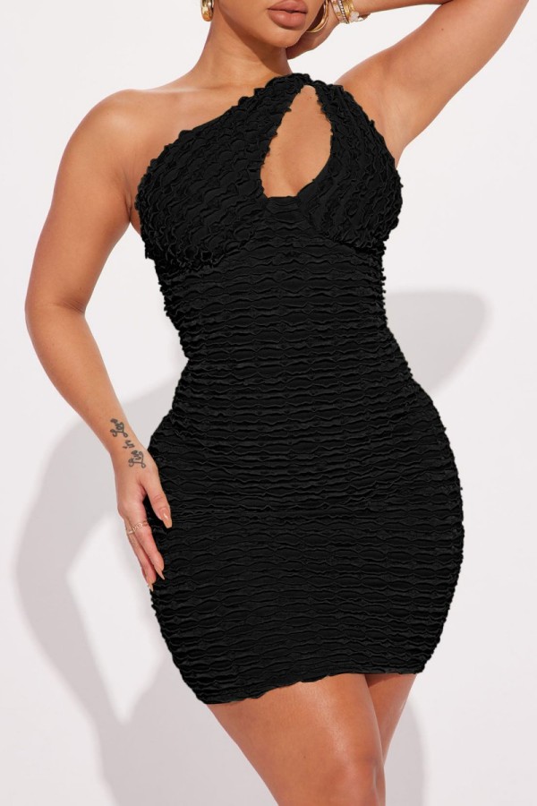 Black Sexy Solid Hollowed Out Oblique Collar Sleeveless Dress Dresses