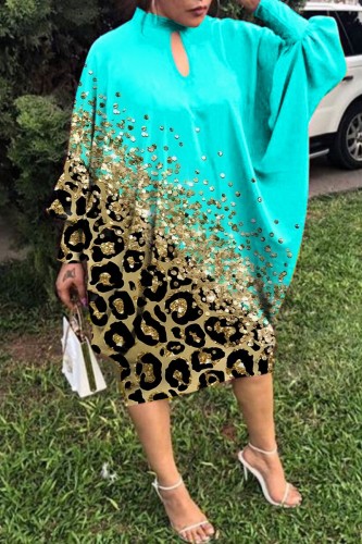 Cyan Casual Print Hollowed Out Half A Turtleneck Long Sleeve Dresses