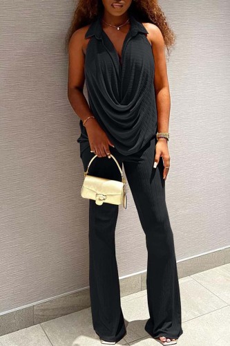 Casual Lace Up Buttons Turndown Collar Sleeveless Two Pieces