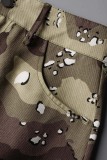 Army Green Casual Camouflage Print Tassel Patchwork Mid Waist Regular Denim Shorts