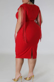 Rose Red Sexy Solid Tassel Patchwork Square Collar Plus Size Dresses(Subject to the Actual Object)
