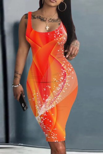 Orange Casual Print Basic U Neck Vest Dress Dresses