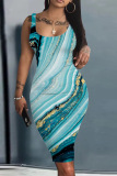 Khaki Casual Print Basic U Neck Vest Dress Dresses