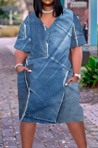 Blue Casual Print Patchwork V Neck Short Sleeve Dress Plus Size Dresses