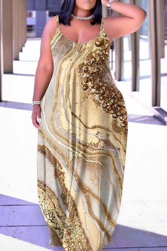 Apricot Sexy Casual Print Backless Spaghetti Strap Long Dress Dresses