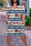 Blue Casual Flag Stars Print V Neck Short Sleeve Plus Size African Style Loose Straight Midi Dress