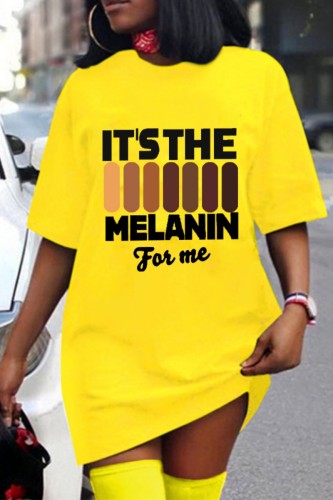 Yellow Casual Letter Print Basic O Neck Short Sleeve Dress