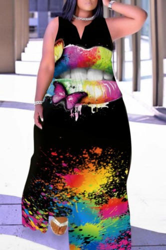 Multicolor Fashion Casual Plus Size Print Patchwork V Neck Sleeveless Dress