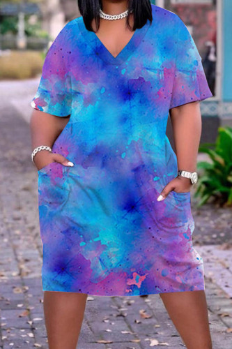 Blue Casual Print Tie Dye Patchwork V Neck Short Sleeve Dress Plus Size Dresses