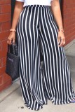 Black Casual Striped Print Patchwork Regular High Waist Conventional Full Print Trousers