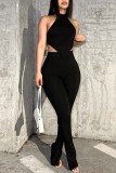 Black Sexy Casual Solid Backless Asymmetrical Halter Sleeveless Two Pieces
