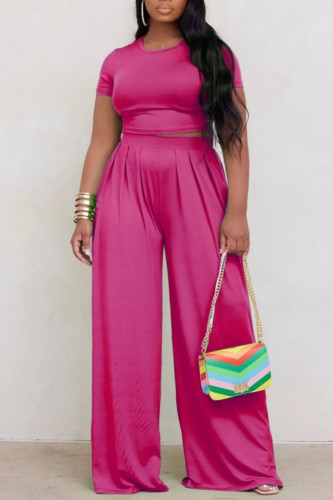 Rose Red Casual Solid Basic O Neck Plus Size Two Pieces