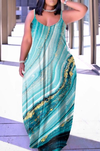Lake Blue Sexy Casual Print Backless Spaghetti Strap Long Dress Dresses