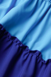 Blue Casual Patchwork Contrast Shirt Collar A Line Plus Size Dresses